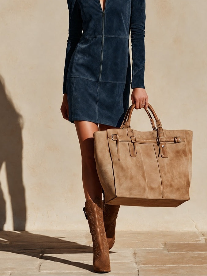 Navy half-zip straight-cut suede mini dress