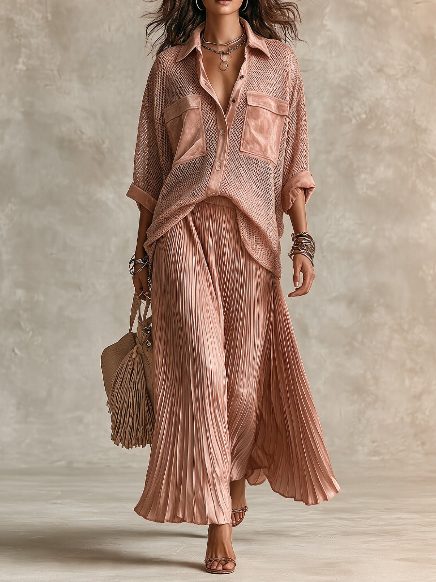 Pink loose-fit mesh shirt and pleated skirt set