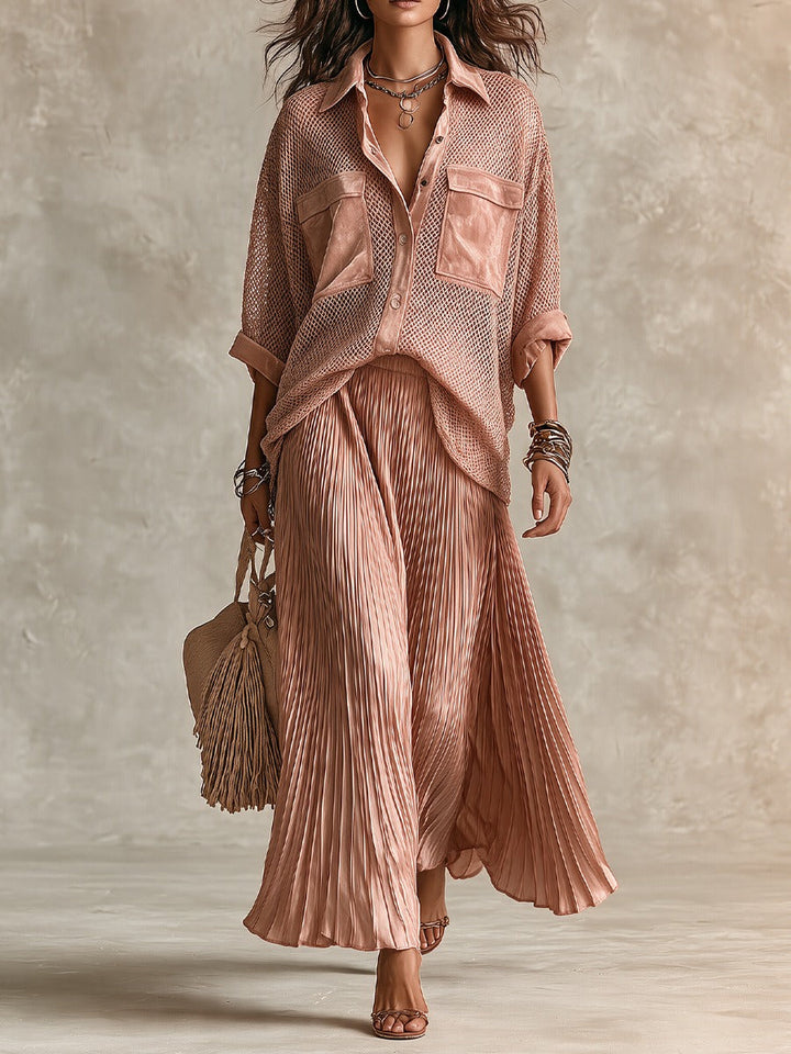 Pink loose-fit mesh shirt and pleated skirt set
