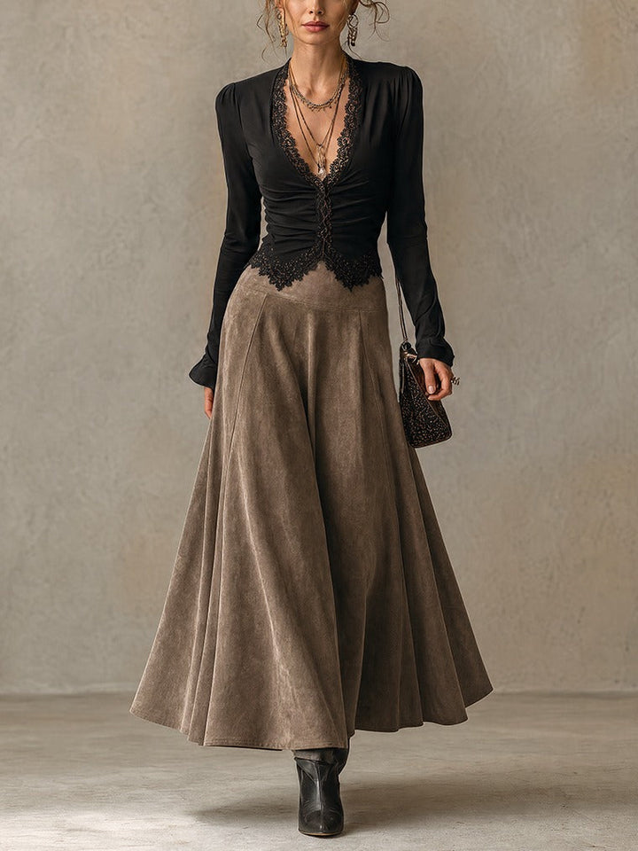 Black lace-trimmed top and faux-suede flared maxi skirt set