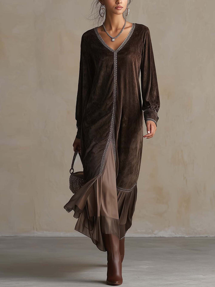 Elegant velvet Loose Midi Dress with V-Neck and Binding Detail