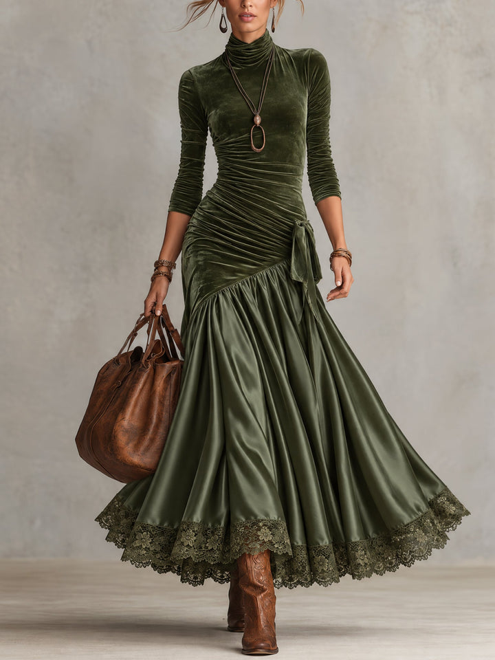 Olive Green Velvet Satin Panelled Lace Hem Maxi Dress