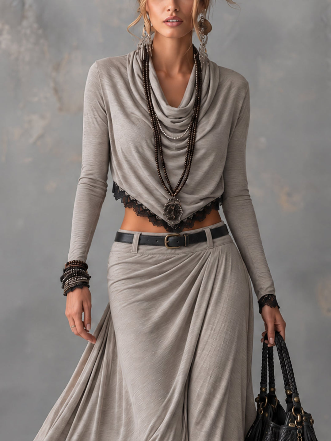 Grey stretch mock-neck cropped top and slit maxi skirt set（Belt included）