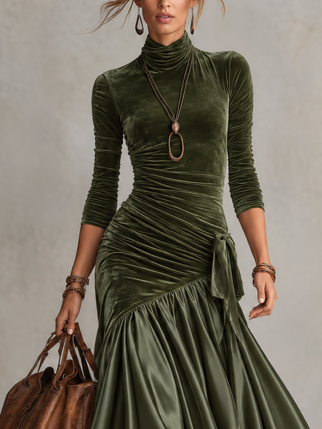 Olive Green Velvet Satin Panelled Lace Hem Maxi Dress