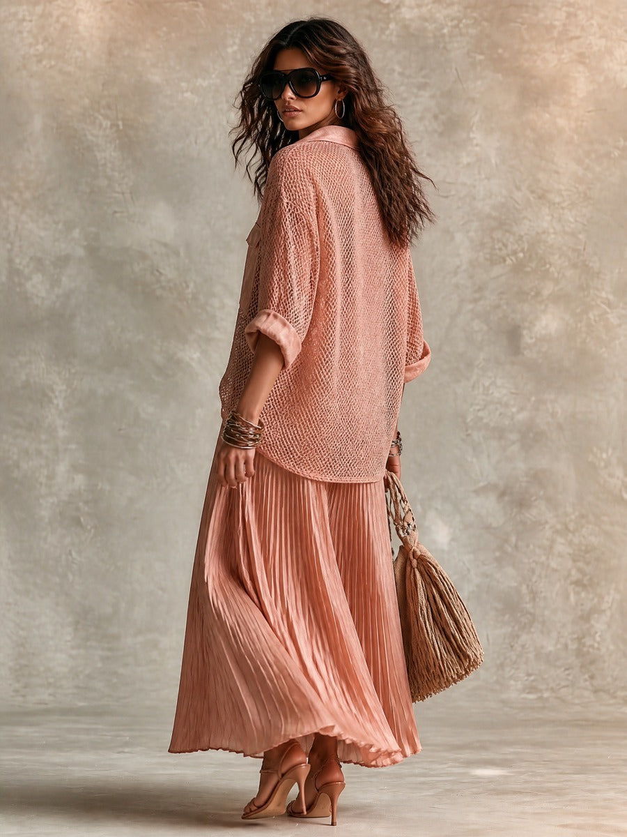 Pink loose-fit mesh shirt and pleated skirt set