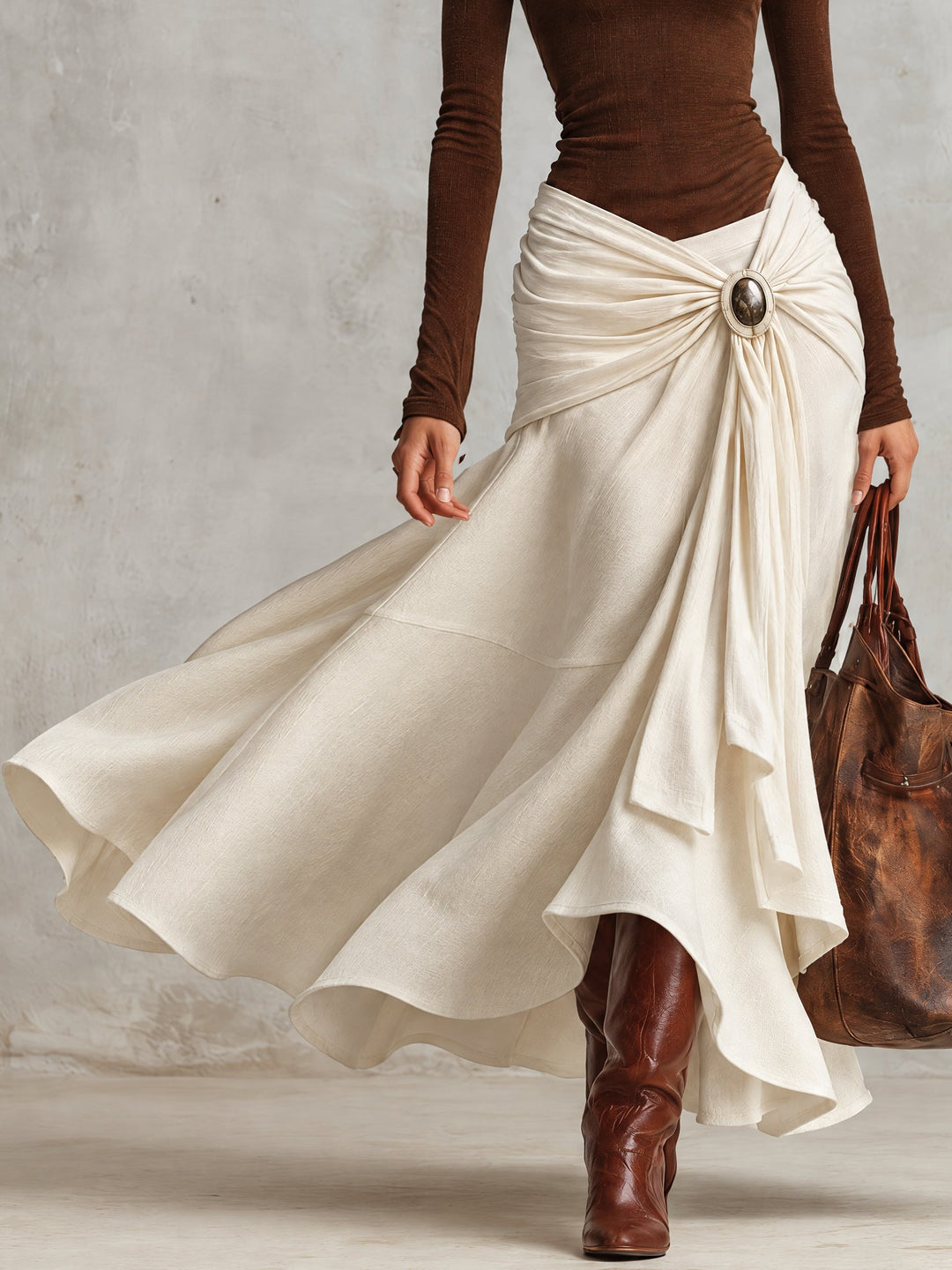 Brown Turtleneck Knit And Off-White Woven Maxi Dress