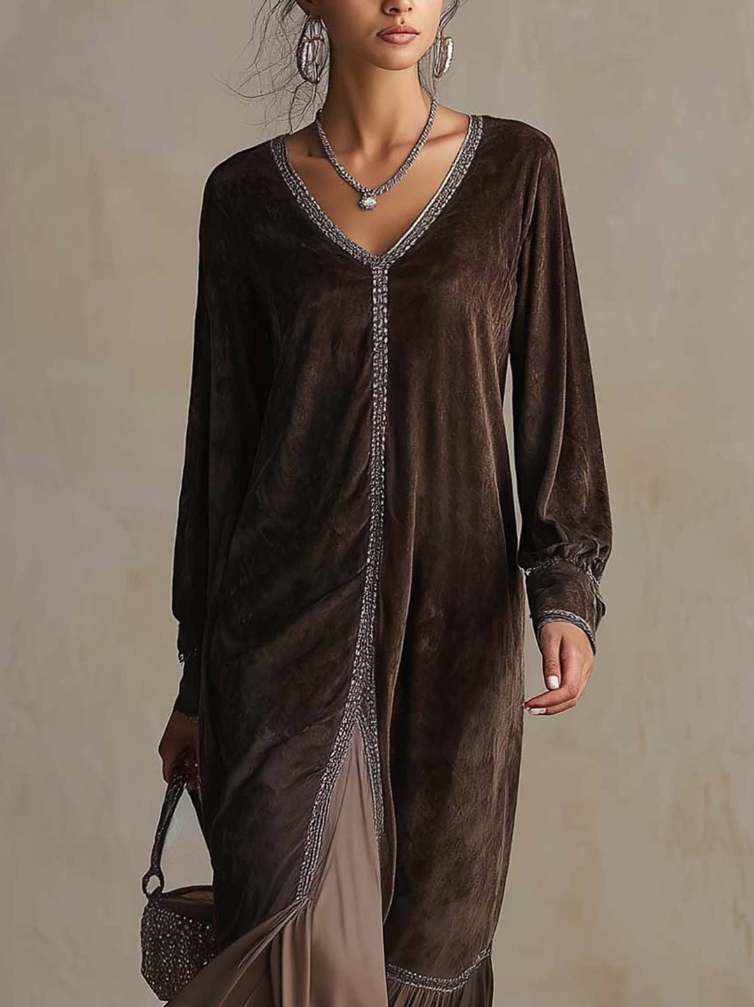 Elegant velvet Loose Midi Dress with V-Neck and Binding Detail
