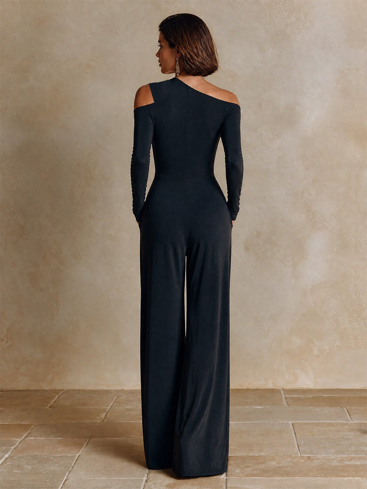 Black One‑Shoulder Party Wide‑Leg Jumpsuit