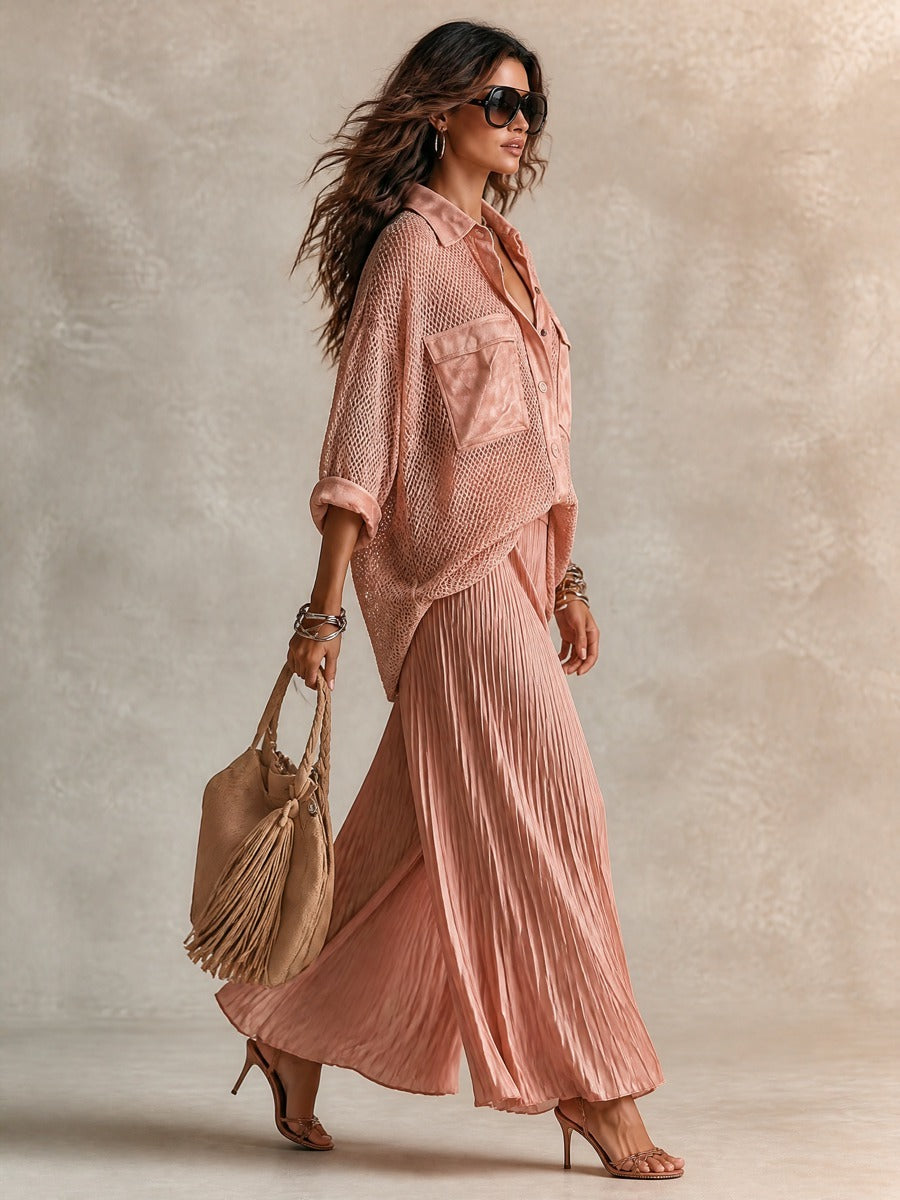 Pink loose-fit mesh shirt and pleated skirt set