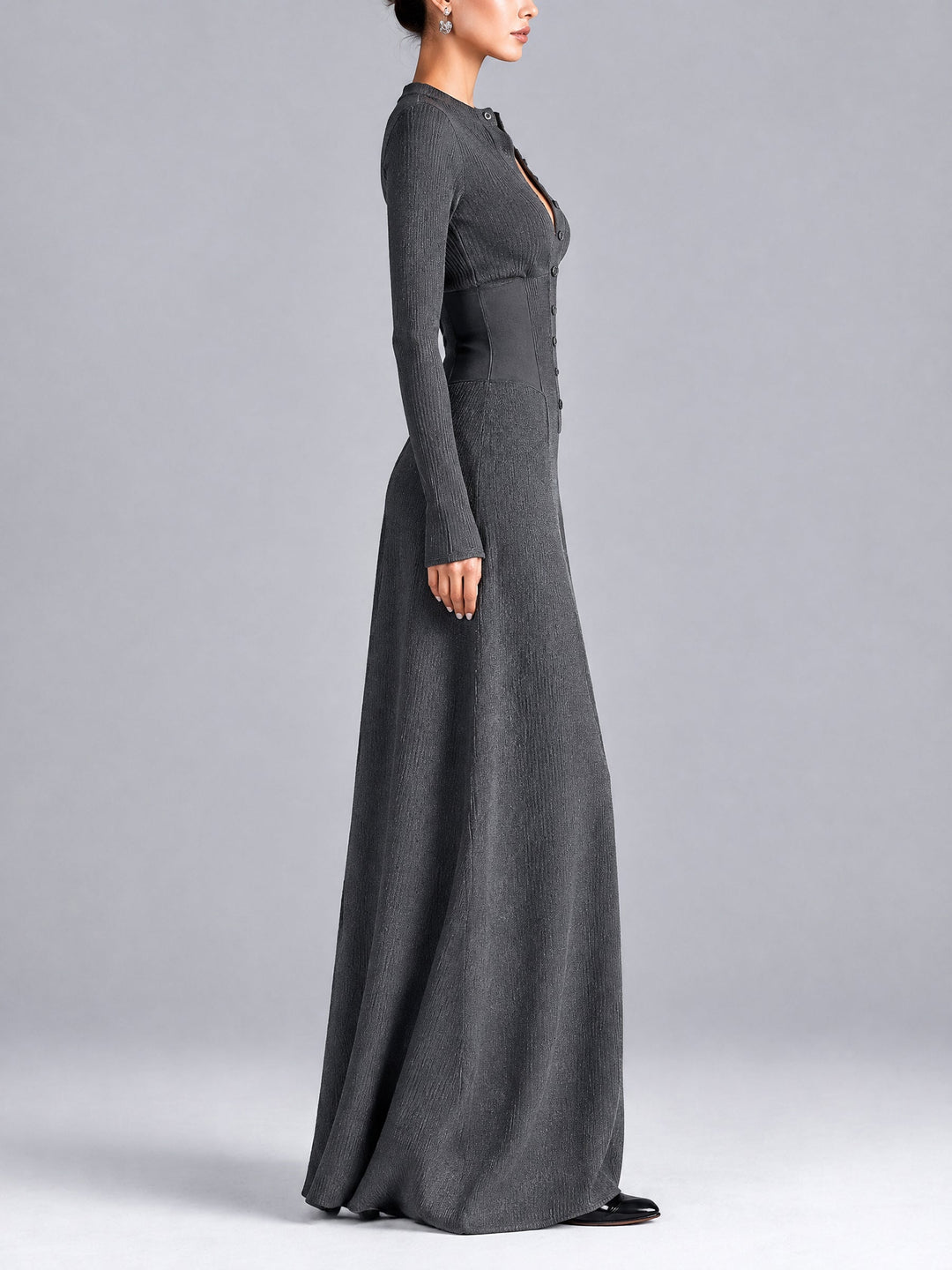 Casual grey button-front maxi dress with a cinched waist
