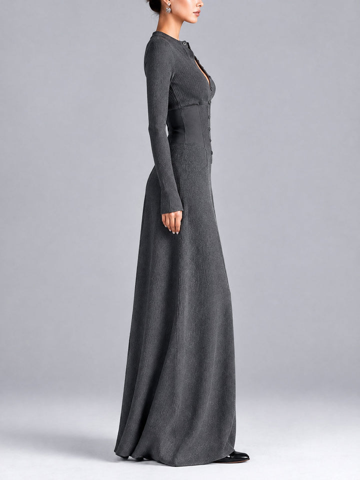 Casual grey button-front maxi dress with a cinched waist