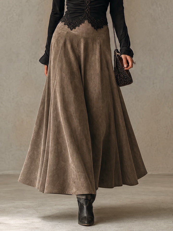 Black lace-trimmed top and faux-suede flared maxi skirt set
