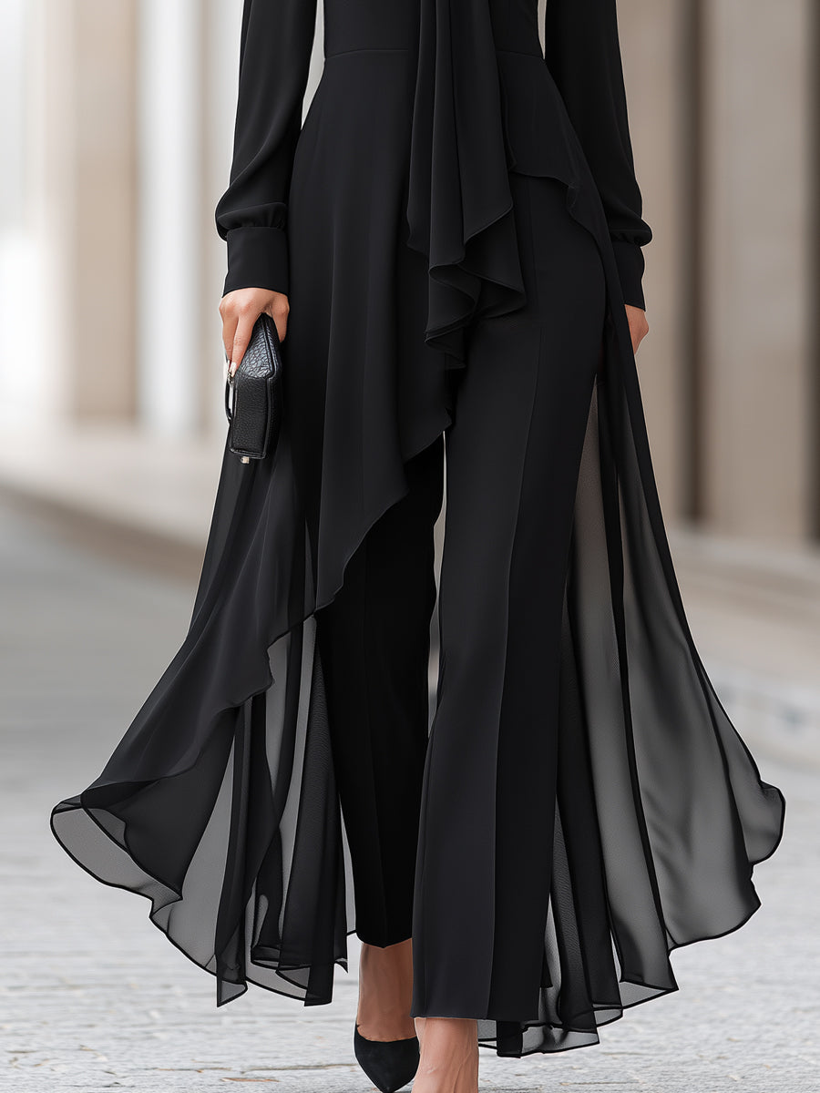 Black Chiffon Overlay Tunic And Tailored Wide-Leg Pants Set