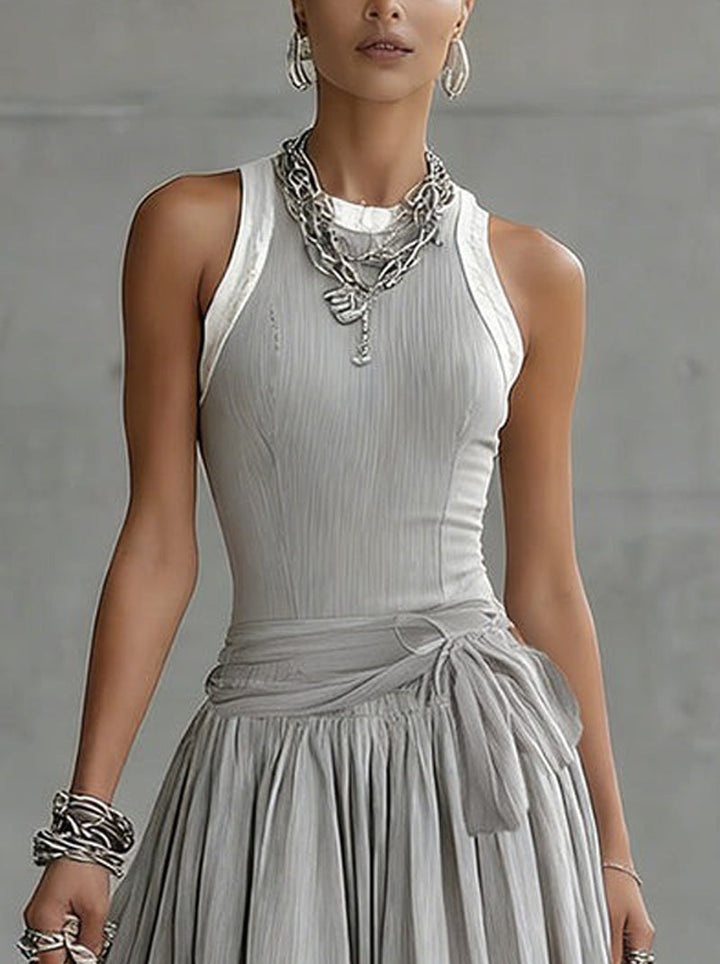 The Gray Ribbed Set — Sculpted Top & Draped Midi Skirt