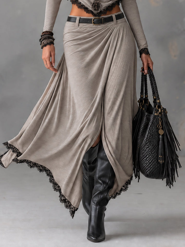 Grey stretch mock-neck cropped top and slit maxi skirt set（Belt included）