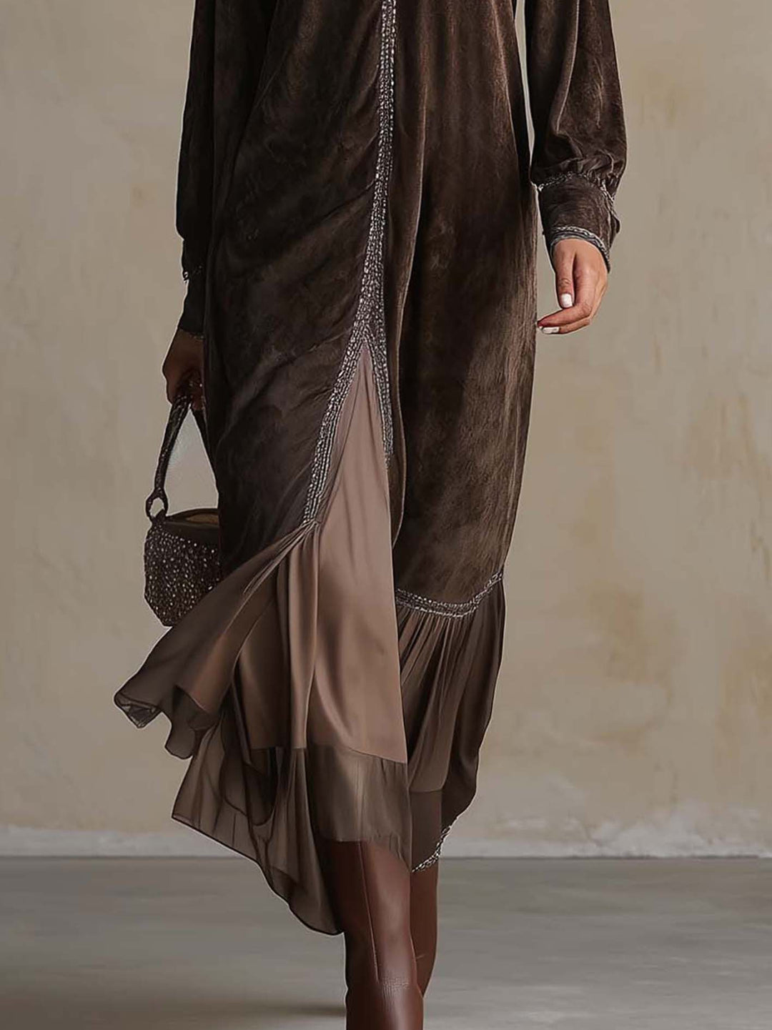 Elegant velvet Loose Midi Dress with V-Neck and Binding Detail