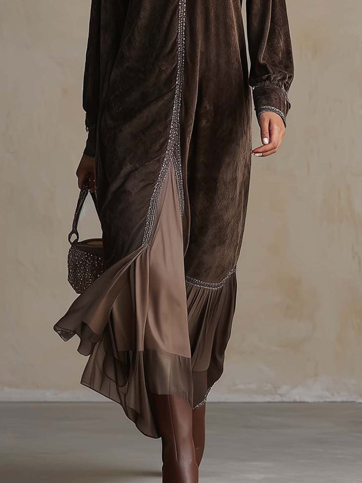 Elegant velvet Loose Midi Dress with V-Neck and Binding Detail