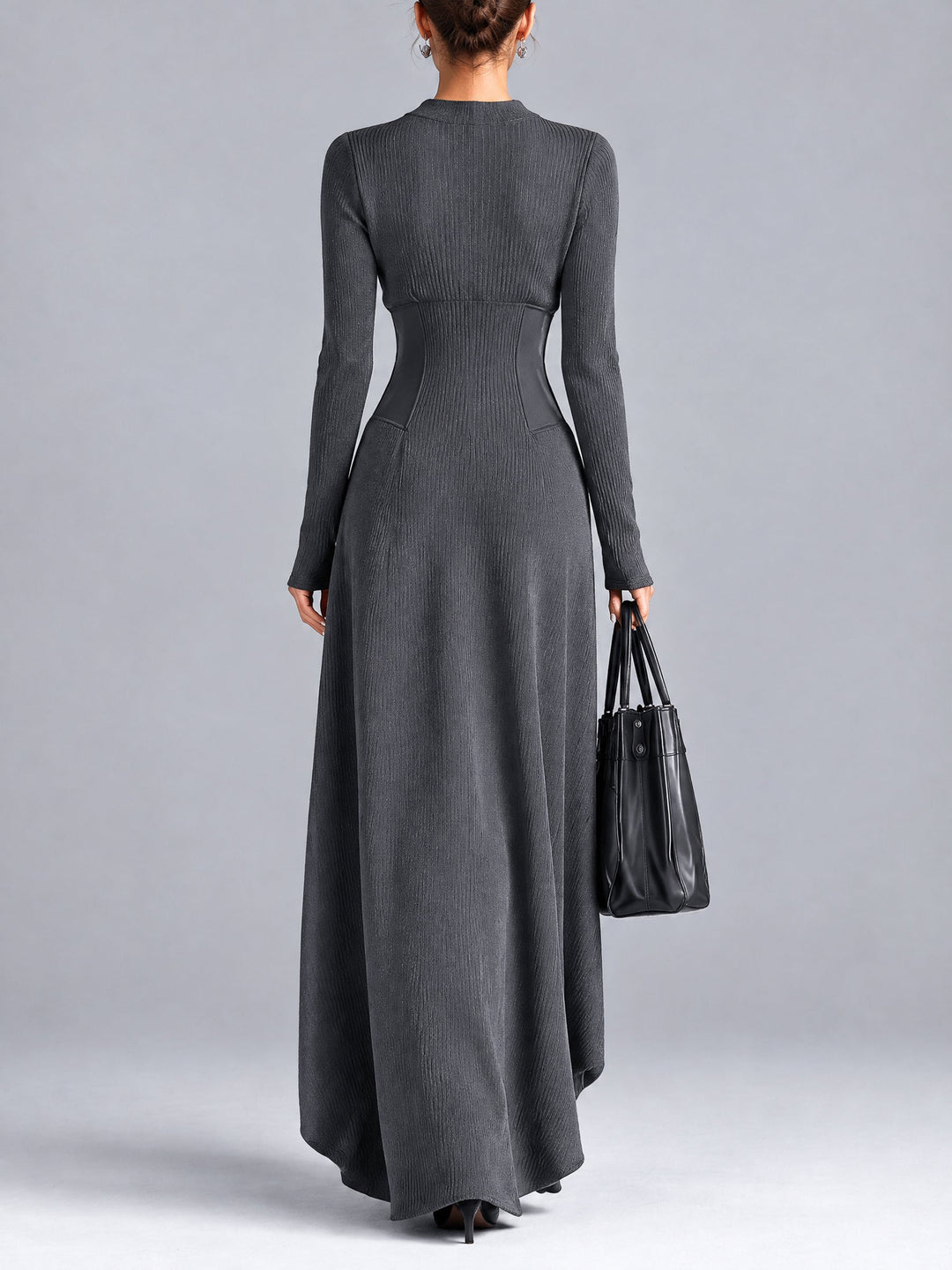 Casual grey button-front maxi dress with a cinched waist