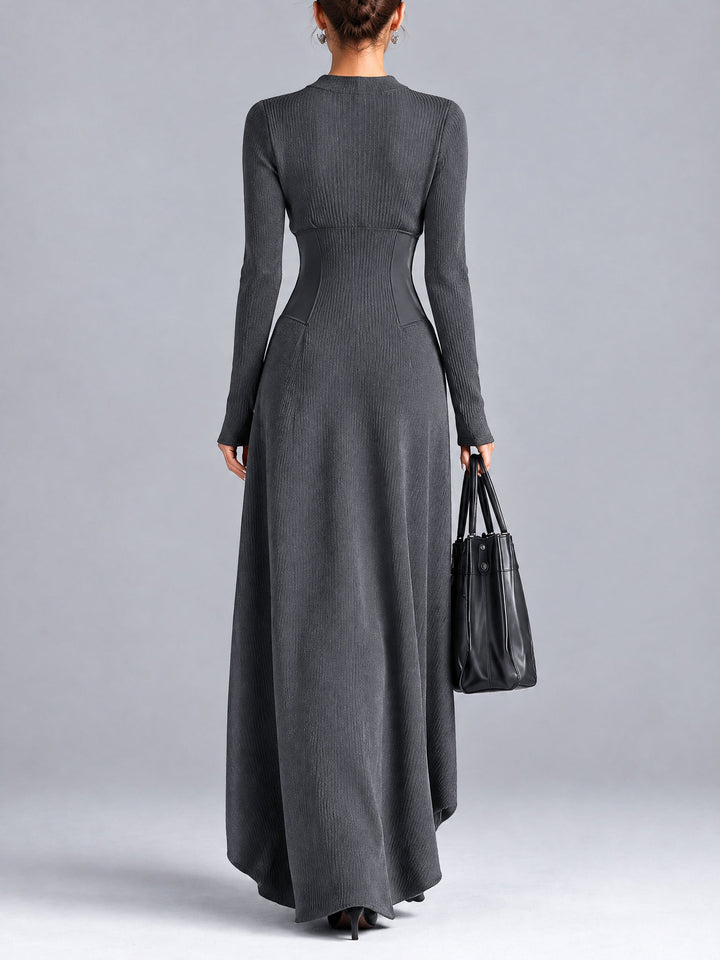 Casual grey button-front maxi dress with a cinched waist
