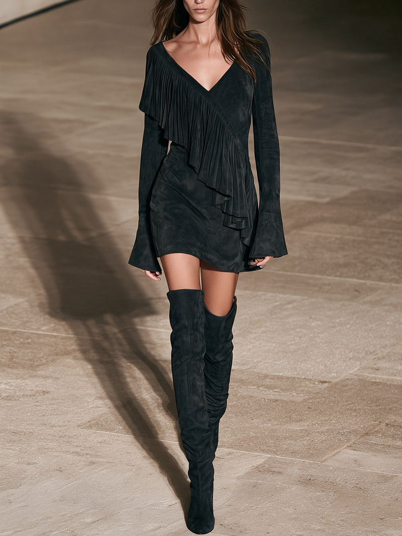 Faux Suede Cocktail Mini Dress with Bell Sleeves