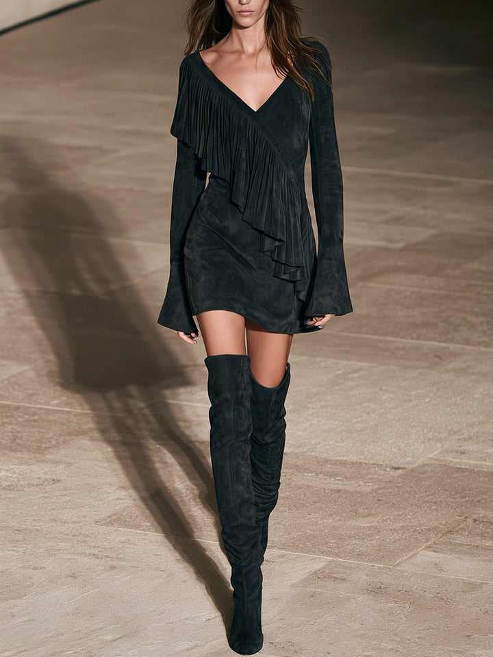Faux Suede Cocktail Mini Dress with Bell Sleeves