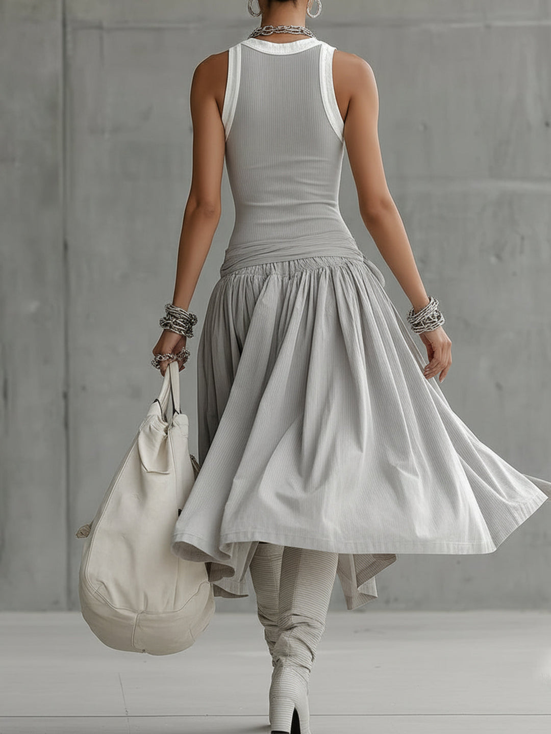 The Gray Ribbed Set — Sculpted Top & Draped Midi Skirt