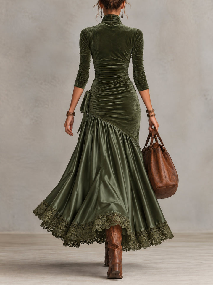 Olive Green Velvet Satin Panelled Lace Hem Maxi Dress