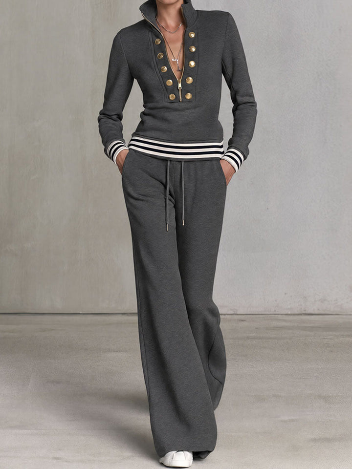 Fashionable Sporty Grey Half-zip Button Sweatshirt And Wide-leg Pants Set