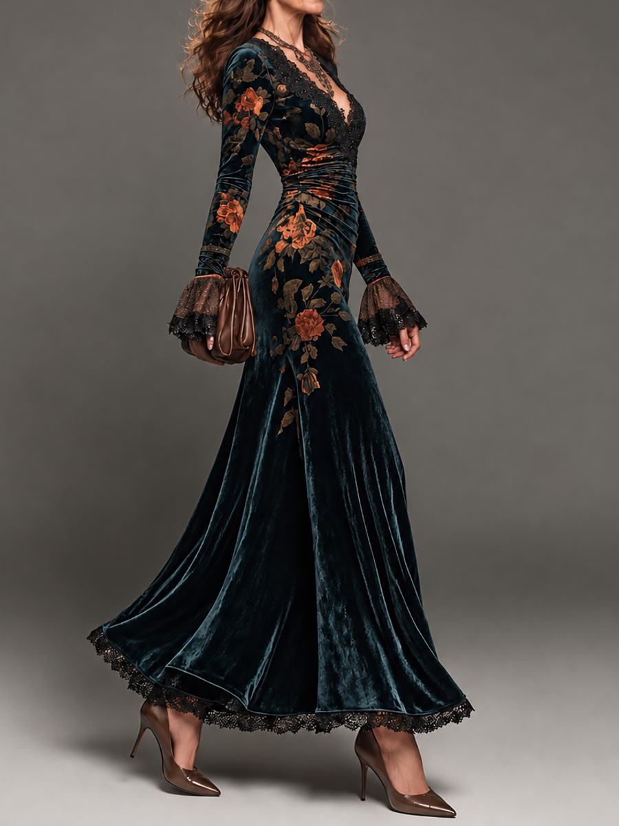 Elegant Dark Teal Velvet Floral Print Maxi Dress