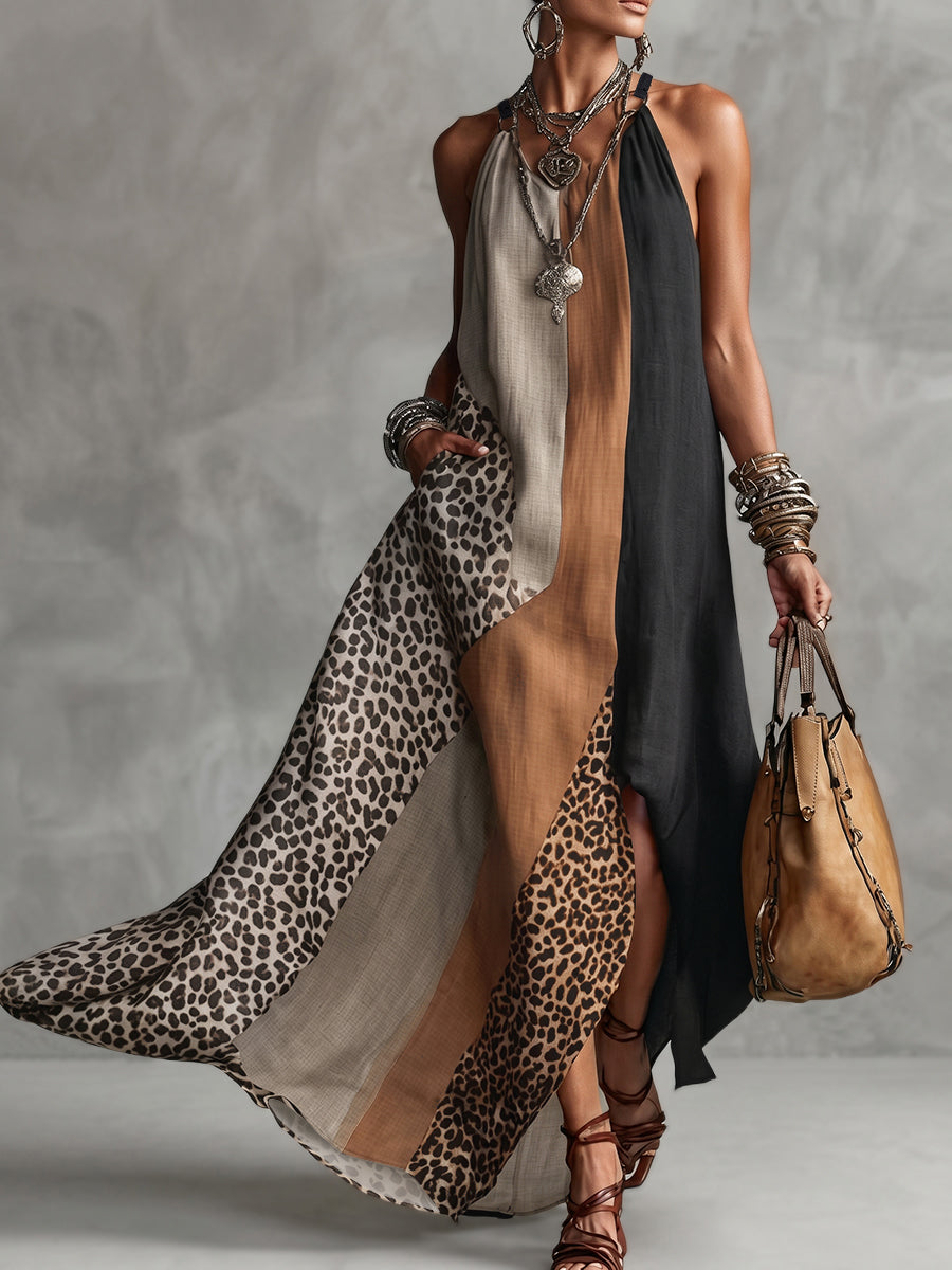 Myrna Leopard Halter Maxi Dress