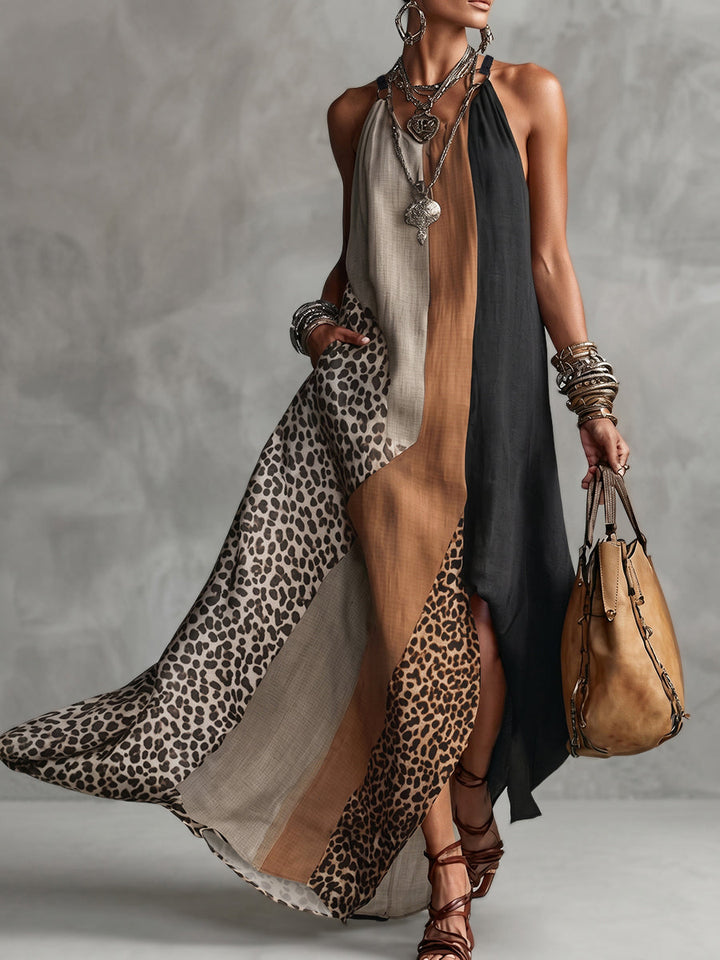 Myrna Leopard Halter Maxi Dress