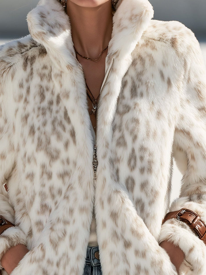 Fashionable Retro Leopard Print Off-white Faux Fur Short Coat
