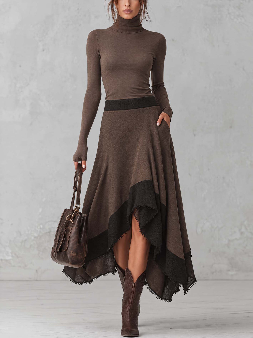 Chocolate Brown Turtleneck Tee And Color Block Wool-Blend Asymmetric Midi Skirt Set