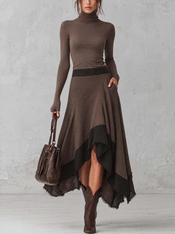 Chocolate Brown Turtleneck Tee And Color Block Wool-Blend Asymmetric Midi Skirt Set