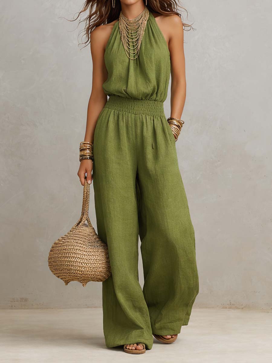 Donna Tan Linen Halter Neck Wide Leg Jumpsuit