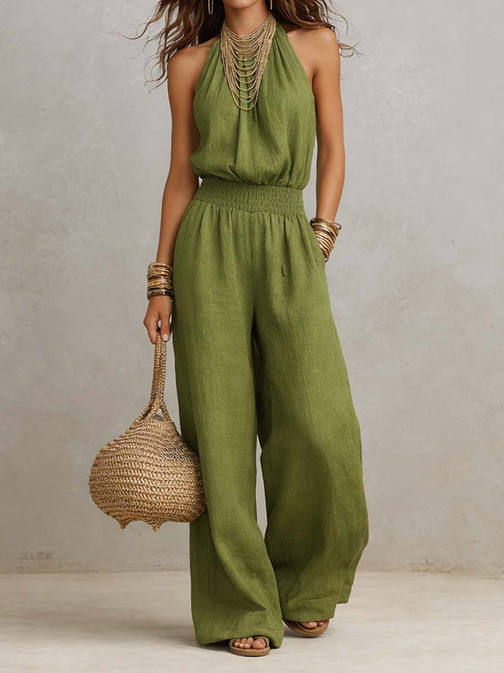 Donna Tan Linen Halter Neck Wide Leg Jumpsuit