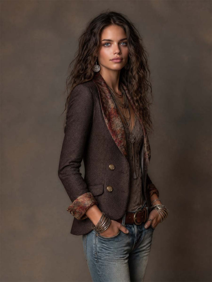 Vintage Herringbone with Floral Print Lapel Blazer