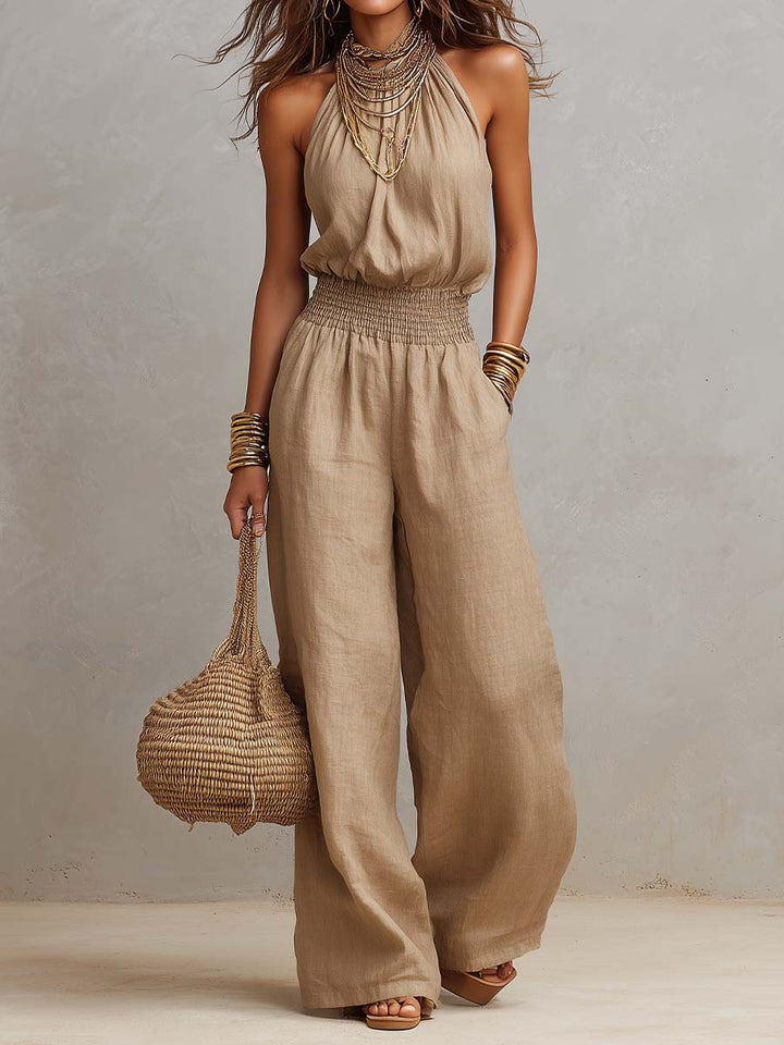 Donna Tan Linen Halter Neck Wide Leg Jumpsuit