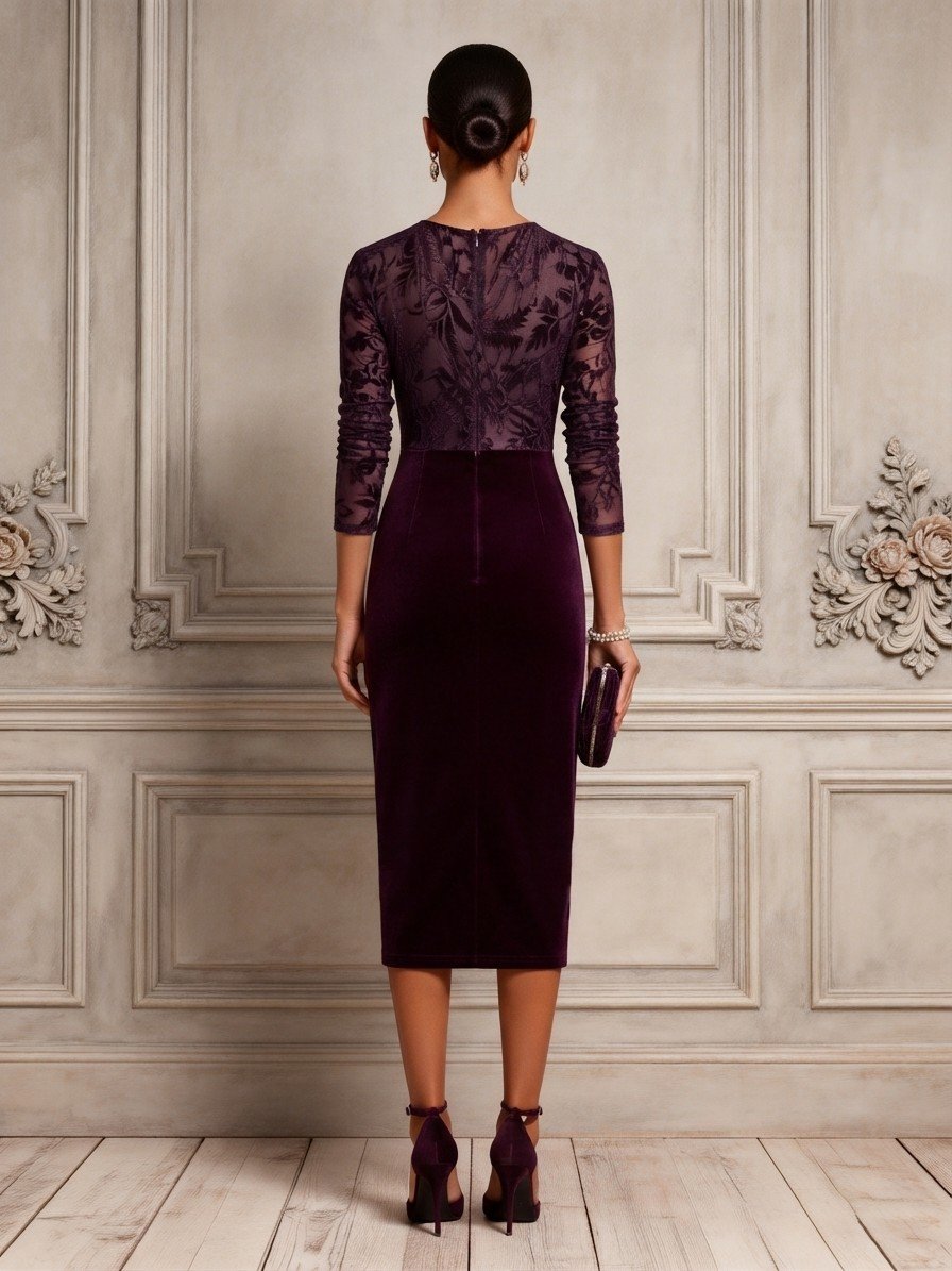 Purple Flocked Ruched Velvet V Neck Long Sleeve Sheath Midi Dress