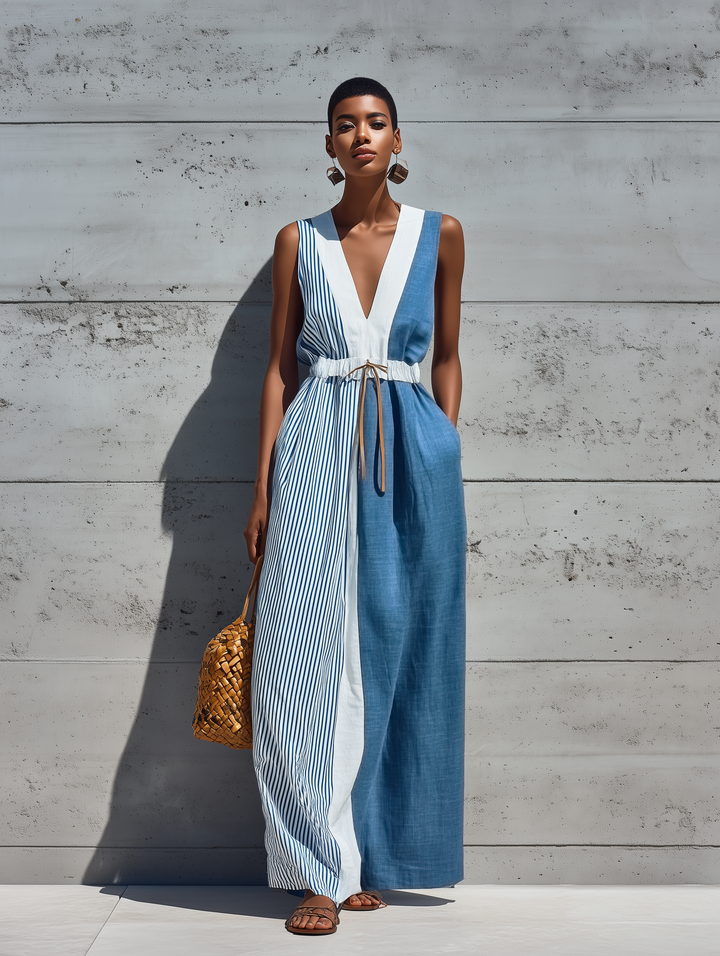 Barbara Cotton-Linen Striped Maxi Dress with Pockets