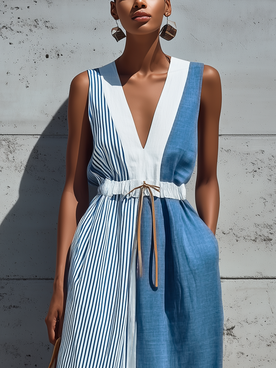 Barbara Cotton-Linen Striped Maxi Dress with Pockets