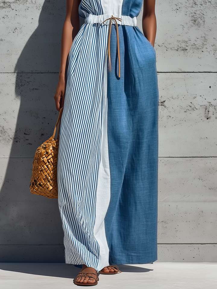 Barbara Cotton-Linen Striped Maxi Dress with Pockets