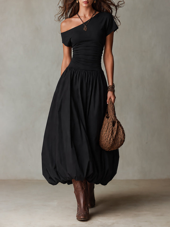 Vintage-style One-shoulder Balloon Hem Maxi Dress