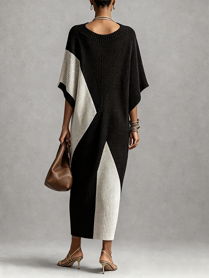 Black And White Textured Colorblock V-Neck Midi Dress