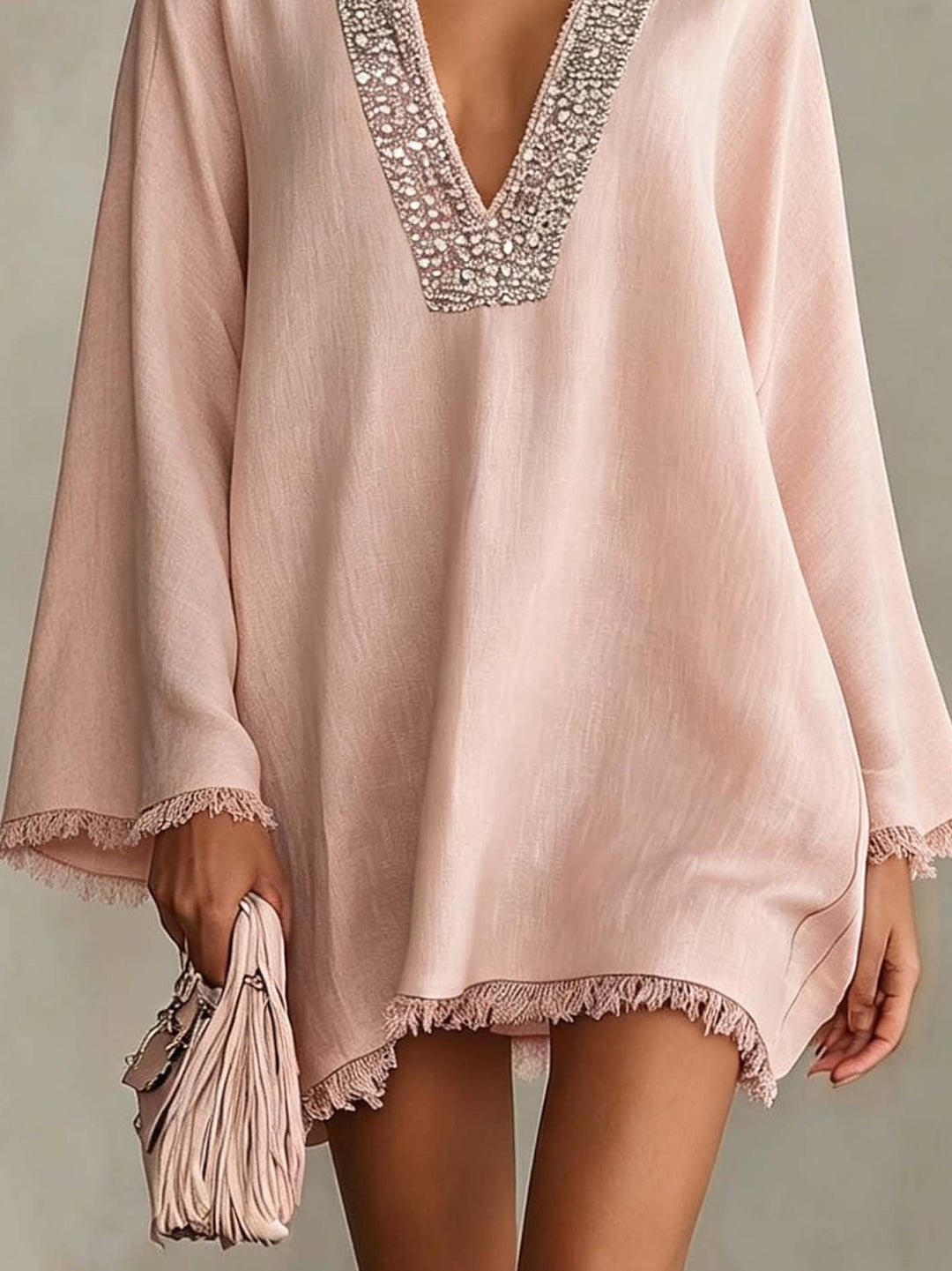 Blush Pink Linen Mini Dress With Rhinestone Trim And Fringe Hem