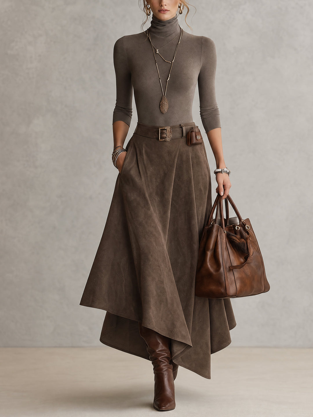Taupe Stretch Turtleneck Top And Asymmetrical Suede Skirt Set