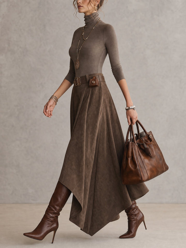 Taupe Stretch Turtleneck Top And Asymmetrical Suede Skirt Set