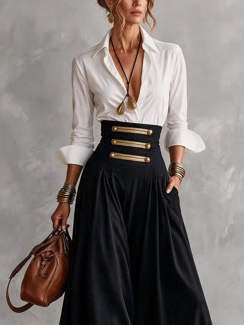 White Collar Shirt & High Waist Gold Button Skirt Two‑Piece Outfit