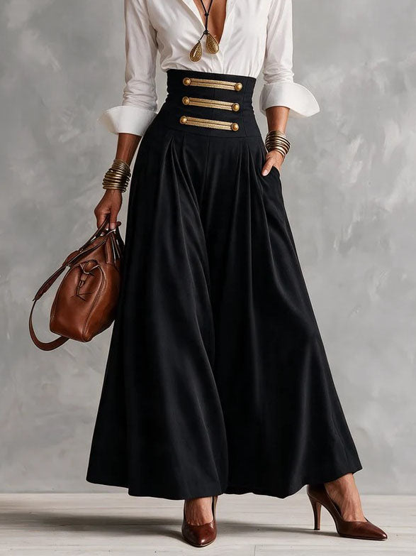White Collar Shirt & High Waist Gold Button Skirt Two‑Piece Outfit