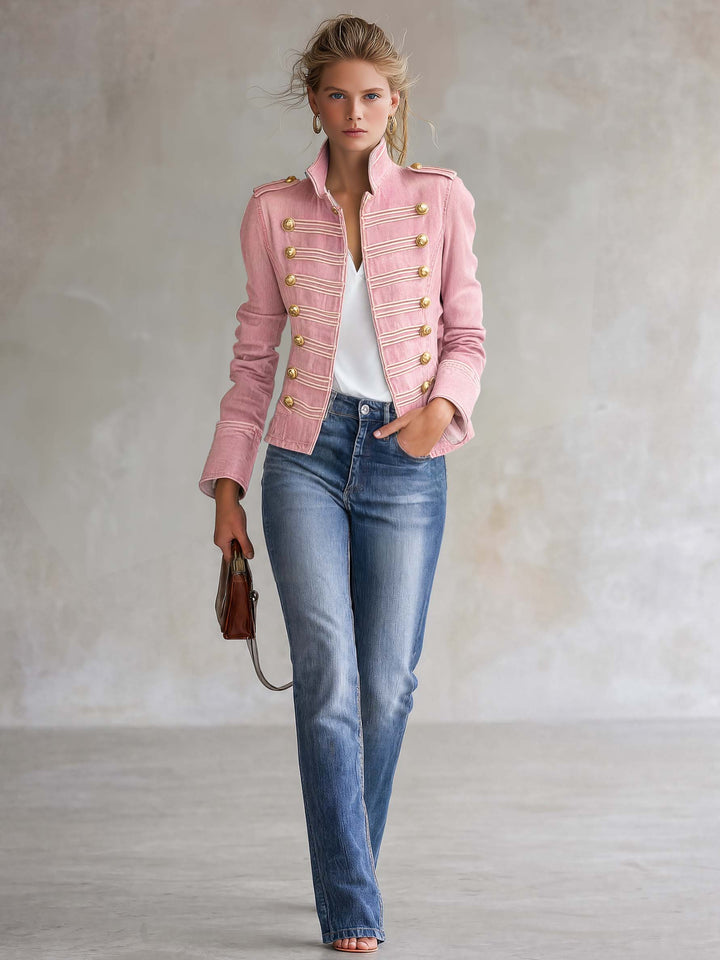 Vintage Military Pink Denim Band Jacket Women Gold Button Cropped Fall Coat
